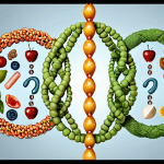 Personalized medicine: DNA strand interwoven with healthy lifestyle icons, emphasizing tailored diet and exercise plans based on genetic predispositions.