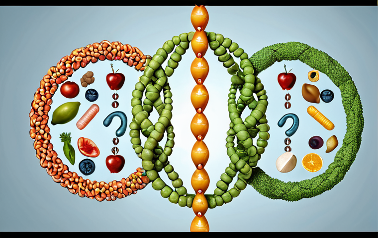 Personalized medicine: DNA strand interwoven with healthy lifestyle icons, emphasizing tailored diet and exercise plans based on genetic predispositions.