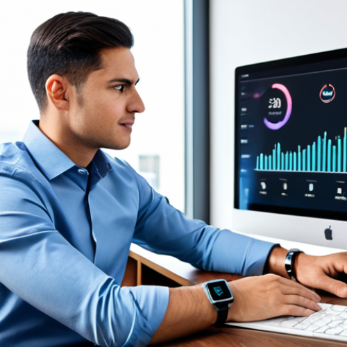 Home 17 A professional male in a modest business casual shirt and trousers, sitting at a sleek, minimalist desk. He is looking at a smartwatch on his wrist, which displays health data like heart rate and sleep patterns. A subtle holographic display projects a graph of personalized health analytics in front of him. The background is a modern, clean, well-lit personal health monitoring room with subtle tech integration. The pose is natural. Fully clothed, appropriate attire, professional dress, safe for work, appropriate content, perfect anatomy, correct proportions, well-formed hands, proper finger count, natural body proportions, high-quality, professional photography, realistic.