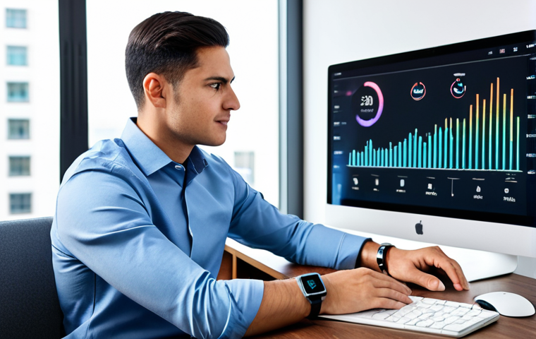 A professional male in a modest business casual shirt and trousers, sitting at a sleek, minimalist desk. He is looking at a smartwatch on his wrist, which displays health data like heart rate and sleep patterns. A subtle holographic display projects a graph of personalized health analytics in front of him. The background is a modern, clean, well-lit personal health monitoring room with subtle tech integration. The pose is natural. Fully clothed, appropriate attire, professional dress, safe for work, appropriate content, perfect anatomy, correct proportions, well-formed hands, proper finger count, natural body proportions, high-quality, professional photography, realistic.