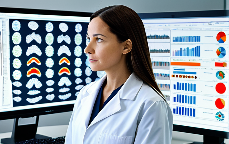 정밀 의학의 진단 정확도 향상 전략 - Genomic Data Analysis**
"A scientist in a professional lab coat, analyzing genomic data on a comput...