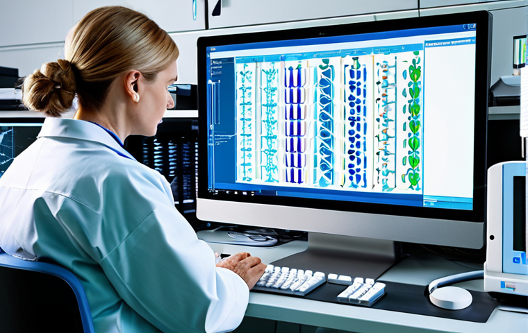 정밀 의학과 종양의 개인화된 치료 - Genetic Testing for Cancer Treatment**
"A doctor in a professional lab coat reviewing a DNA sequenc...
